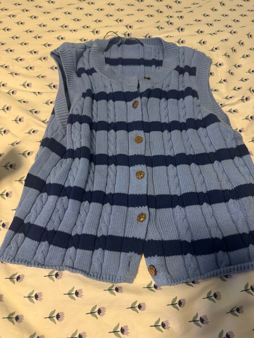 Blue Striped Cable Knit Sleeveless Sweater Vest